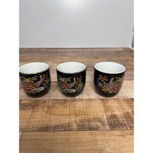 Set Of 3 D.L Japan Black Ceramic Teacups With Hand-Painted Floral & Peacock Desi